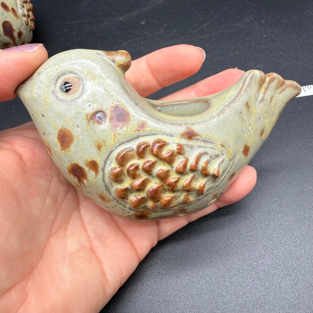 Vintage Ceramic Bird Candle Holders Pair Speckled Green Brown Glaze - Picture 3 of 8